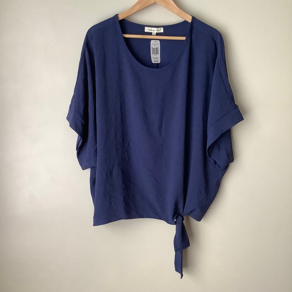 NWT Indigo Soul Blue Short Sleeve Tie Front Top Womens Size XL